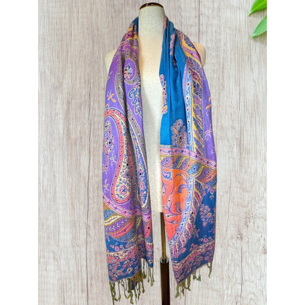 Boho Paisley Embellished Scarf Blue Pink Multi Fringe Indie Artsy Festival - Picture 3 of 5